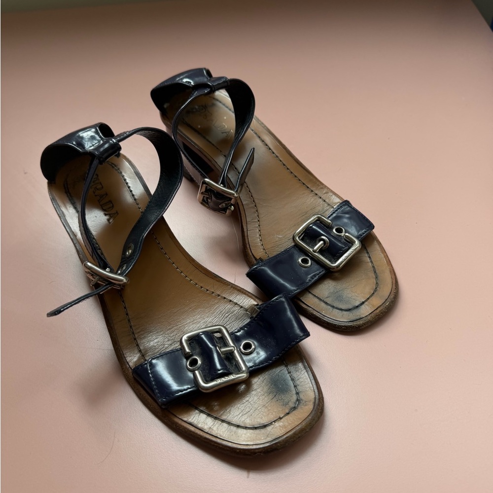 Prada Dark Purple Leather Buckle Sandals